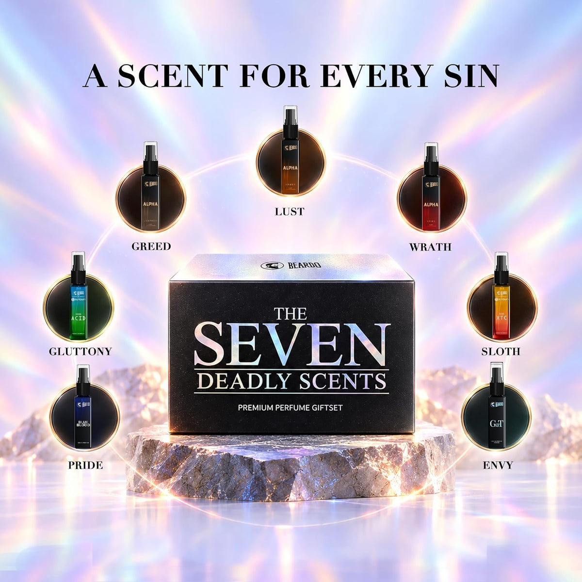 Beardo Seven Deadly Scents Perfume Set for Men | Premium Fragrance Discovery Set | 7 x 8ml Long Lasting Perfumes | Luxury Perfume Sampler | Travel Friendly Gift Pack | Husband, Boyfriend, Brother & Men | Wedding, Birthday & Festival Gift