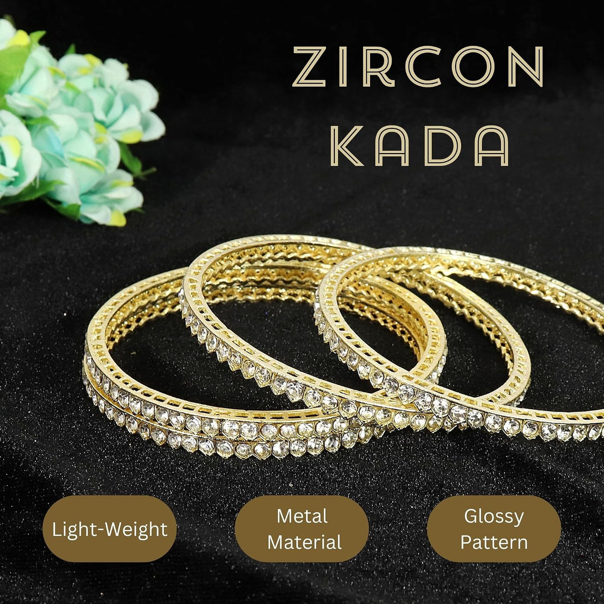 NMII Gold Plated Metal American Diamond Bangles Set For Women & Girls | Traditional Metal Bangles | AD Bangles Set | Women's Bangles Bracelet | Diamond Kada | Fashion Jewellery - Set of 4