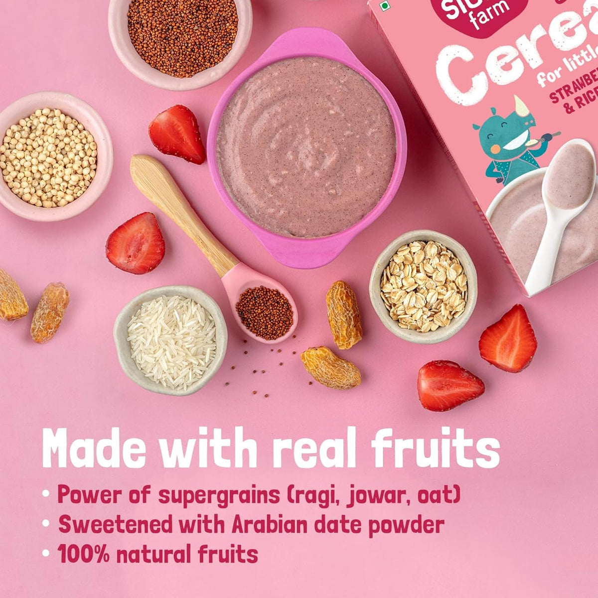 Slurrp Farm Cereal, Ragi, Rice and Strawberry with Milk, Instant Healthy Food, NO Added Sugar, Mildly Sweetened with Date Powder, 200 g