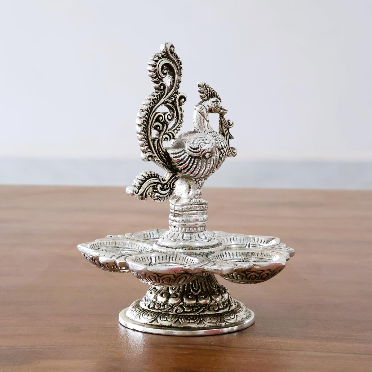 KridayKraft Traditional Silver-Plated Peacock Pooja Thali, 5-Compartment Diya Stand with Ornate Design