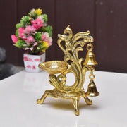 KridayKraft Aluminium Diya for Puja Room Oil Lamp in Peacock Design with Bell (Gold, Pack of 1 Pcs)