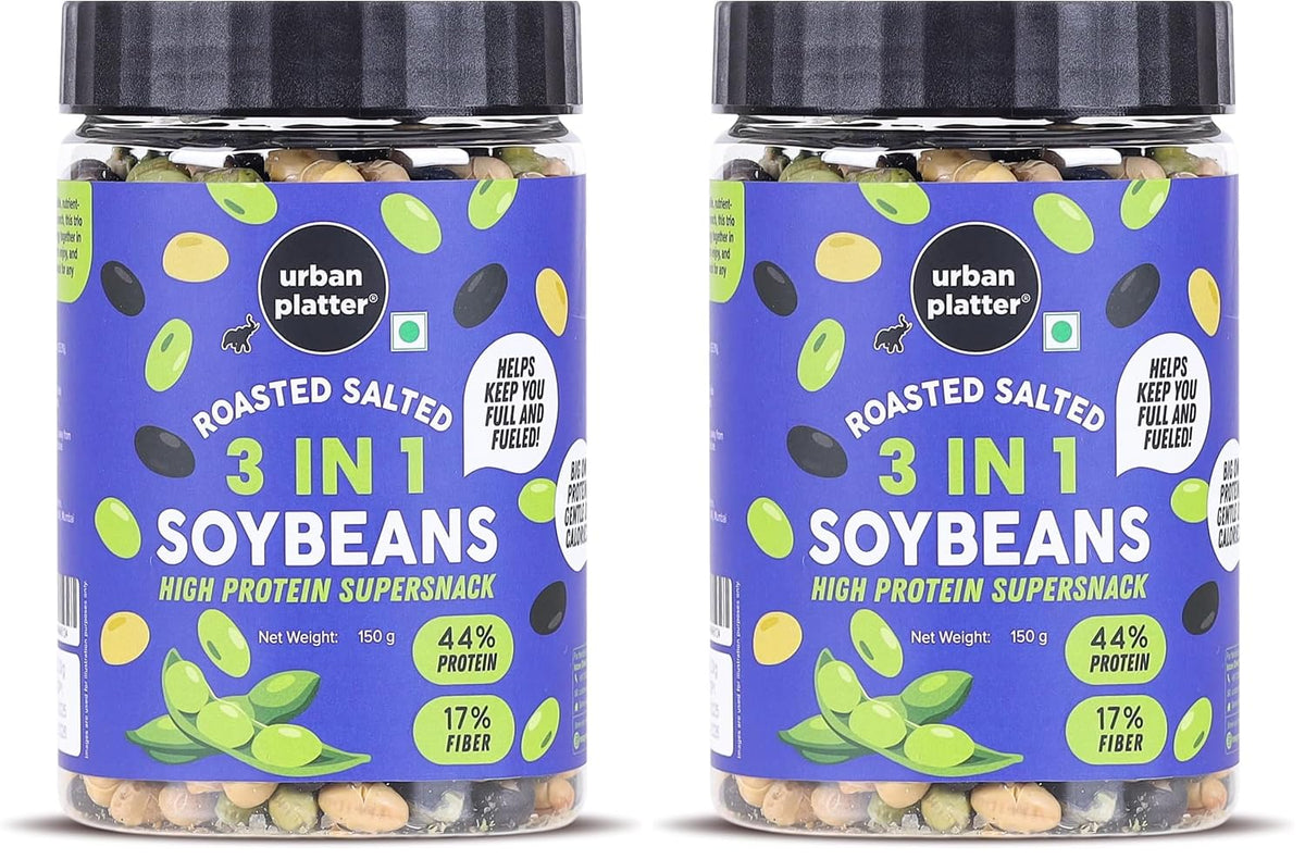 Urban Platter Roasted Salted 3-in-1 Soybean, 150g (44% Protein, 17% Fiber, Lightly Salted Green Edamame, Black & White Soybeans, Highest Plant Protein Supersnack) (Pack of 2)