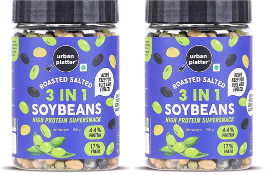 Urban Platter Roasted Salted 3-in-1 Soybean, 150g (44% Protein, 17% Fiber, Lightly Salted Green Edamame, Black & White Soybeans, Highest Plant Protein Supersnack) (Pack of 2)