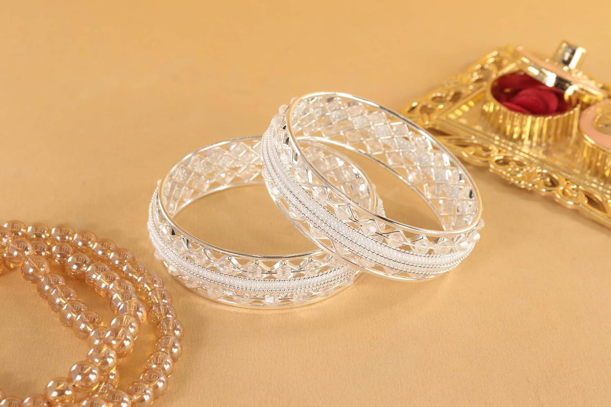NMII Traditional Plated Metal Bangles Kada Set For Women & Girls With Beads & Pearls | Women's Bangles | Fashion Bangle | Premium Kada Set For Wedding, Occasions Fashion Jewelry - Set Of 2
