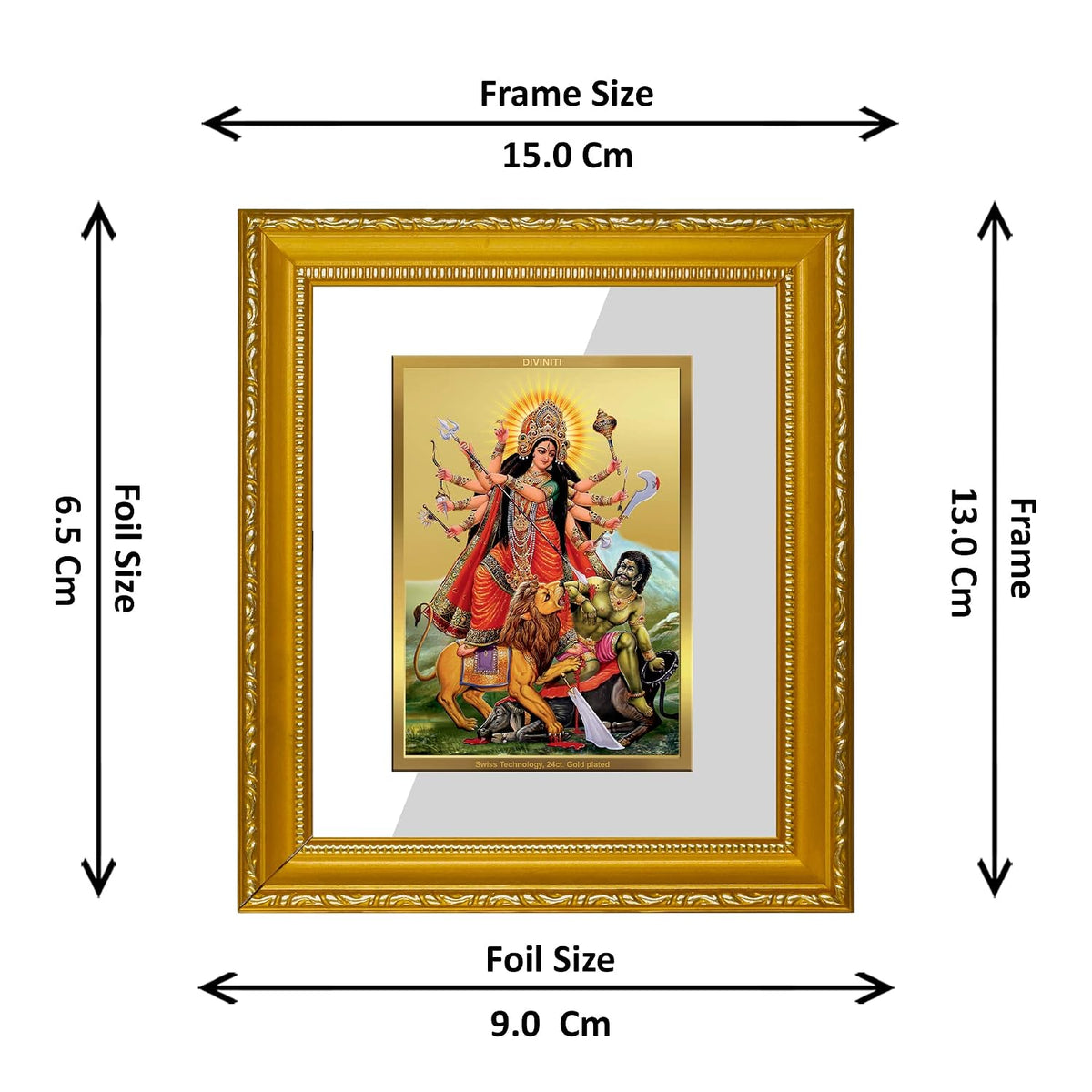DIVINITI Goddess Durga Gold Plated Wall Photo Frame, Table Décor| DG Frame 101 Size 1 and 24K Gold Plated Foil| Religious Photo Frame Idol For Pooja, Gifts Items (13.5 CM X 15.5 CM)