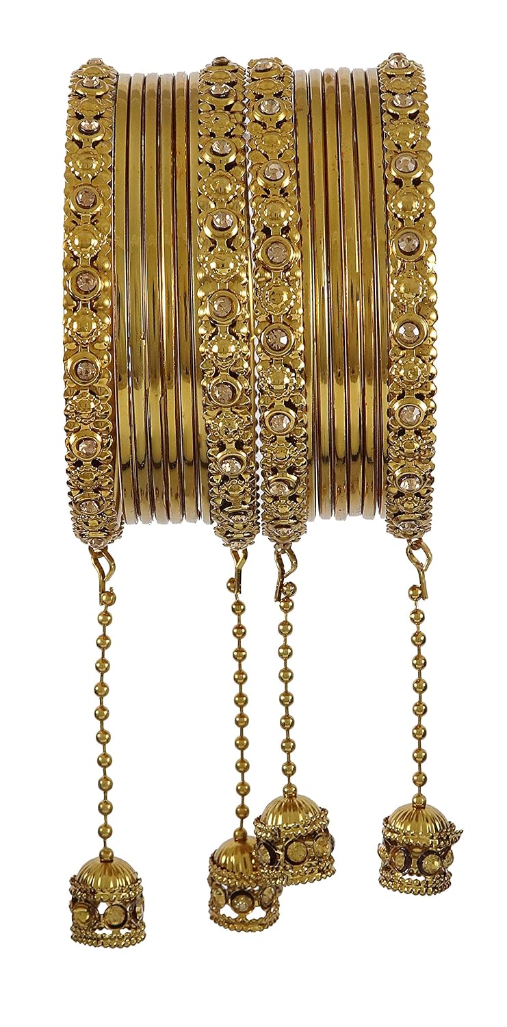 NMII Traditional Metal Bangles Set For Women & Girls with Zircon Gemstone & Latkan | Stylish Oxidised Look Gold Plated Bangles | Women's Fashion Jewellery