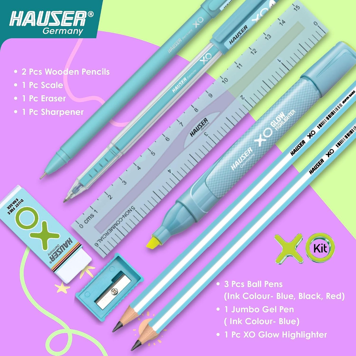 Hauser XO Writing Stationery Kit | A Complete Writing Kit | Gift Set for Kids Students & Office | Combination Set of 10 - Color May Vary
