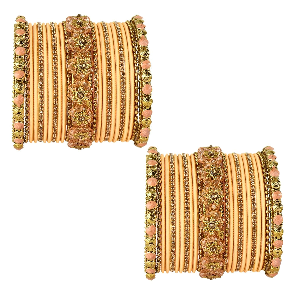 NMII 46 Pcs Premium Velvet Bridal Chuda Set Work With Zircon Stone & Floral Design | Gold Plated Link Chain Chudi | Stone Studded Bangles | Beads Bridal Chuda | Designer Chura For Wedding & Festive