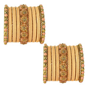 NMII 46 Pcs Premium Velvet Bridal Chuda Set Work With Zircon Stone & Floral Design | Gold Plated Link Chain Chudi | Stone Studded Bangles | Beads Bridal Chuda | Designer Chura For Wedding & Festive
