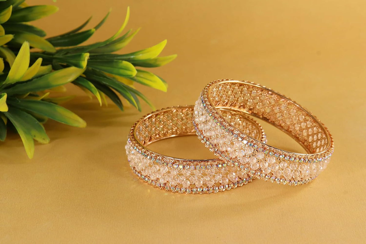 NMII Traditional Metal with White Moti Pearls & Zircon Diamond Kada Bangles Set Women & Girls | Designer Women's Kangan Chudi | Girl's Bangles Bracelet | Wedding, Party, Occasion, Everyday- Set of 2