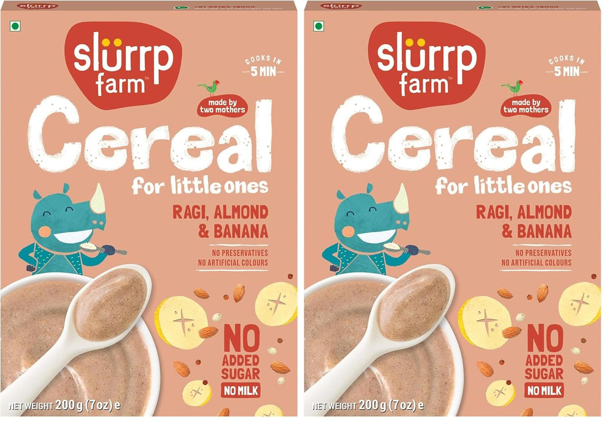 Slurrp Farm No Added Sugar, No Salt Ragi, Almond and Banana Cereal | 100% Sprouted Ragi | Healthy Cereal | No Milk | No Preservatives, 200g (Pack of 2)