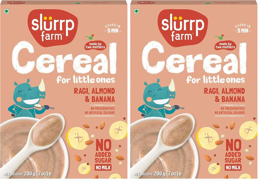 Slurrp Farm No Added Sugar, No Salt Ragi, Almond and Banana Cereal | 100% Sprouted Ragi | Healthy Cereal | No Milk | No Preservatives, 200g (Pack of 2)
