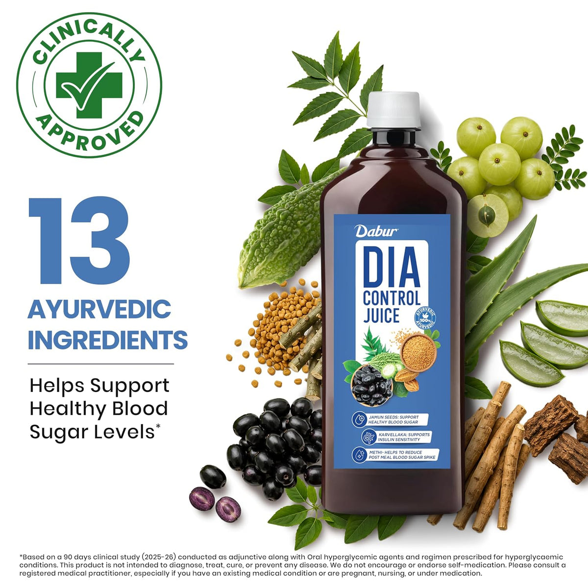 Dabur Dia Control Juice - 1L | Clinically Proven Diabetic Care | Supports Healthy Blood Sugar Levels & Insulin Sensitivity | Reduces Post Meal Sugar Spikes | Amla, Karela, Jamun, Triphala & More