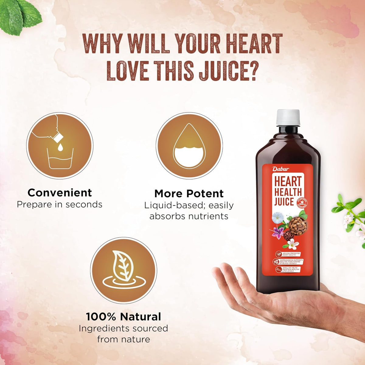 Dabur Heart Health Juice - 1L | Ayurvedic Cardiac Care Juice | Enriched with 10+ Ayurvedic Herbs | No Artificial Colors, Flavours & Added Sugars