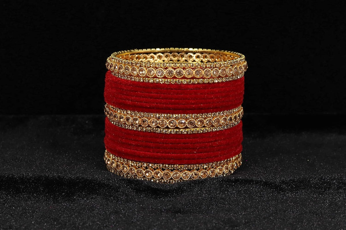 NMII Non-Precious Metal with Base Metal Zircon Gemstone Studded Glossy Finished Traditional Velvet Bangle set for Women and Girls