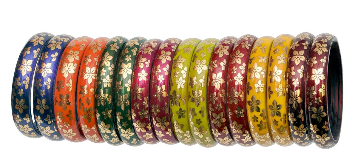 NMII Multicolour Glass with Golden Print Design Glossy Finished Kada Set For Women and Girls