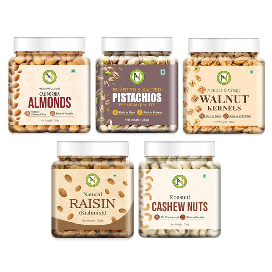 NatureVit Premium Mixed Dry Fruits Combo Saver Pack of 1.2 Kg | Almonds, Cashews, Pistachios, Raisins (250g Each) + Walnut Kernels (200g) | Healthy Snack Gift Box