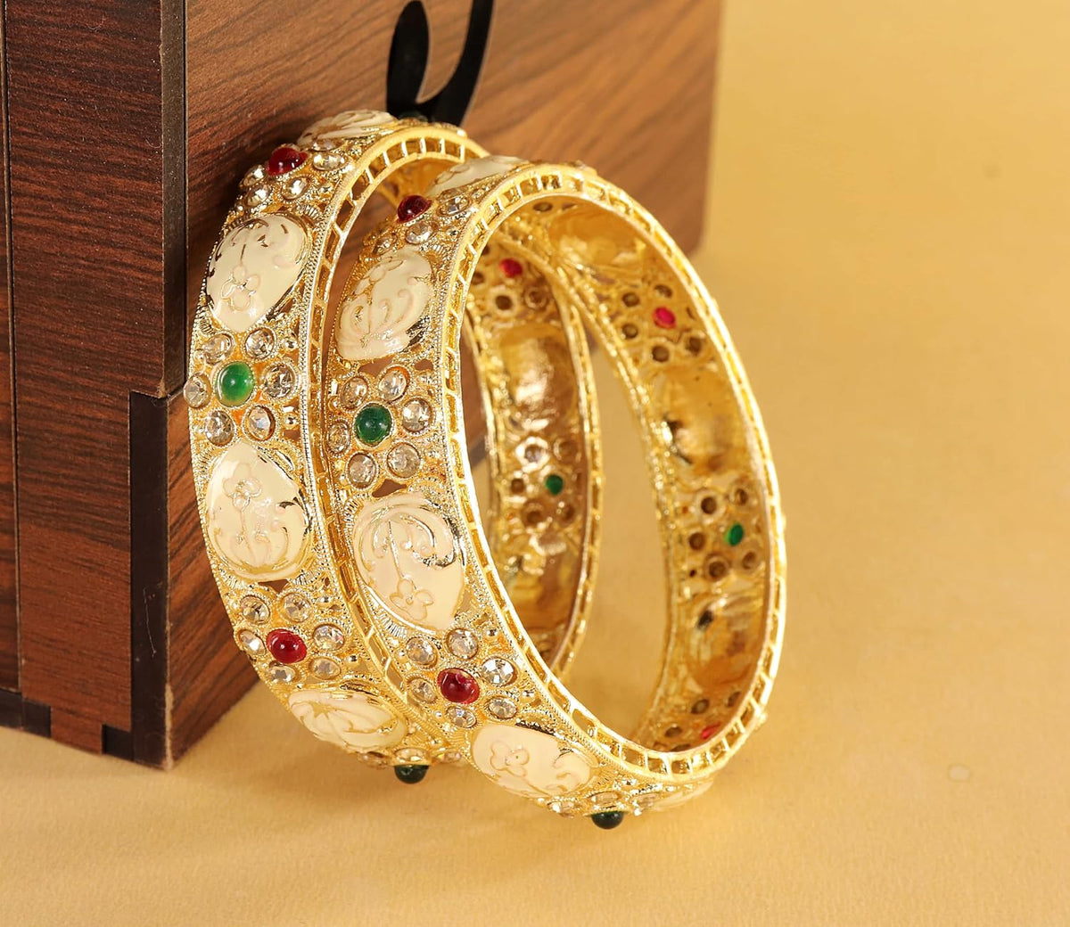NMII Traditional Gold Plated Metal Bangles Kada Set For Women & Girls With Zircon Diamond Stone | Women's Bangles | Premium Kada Set For Wedding, Party, Occasions Fashion Jewelry - Set Of 2