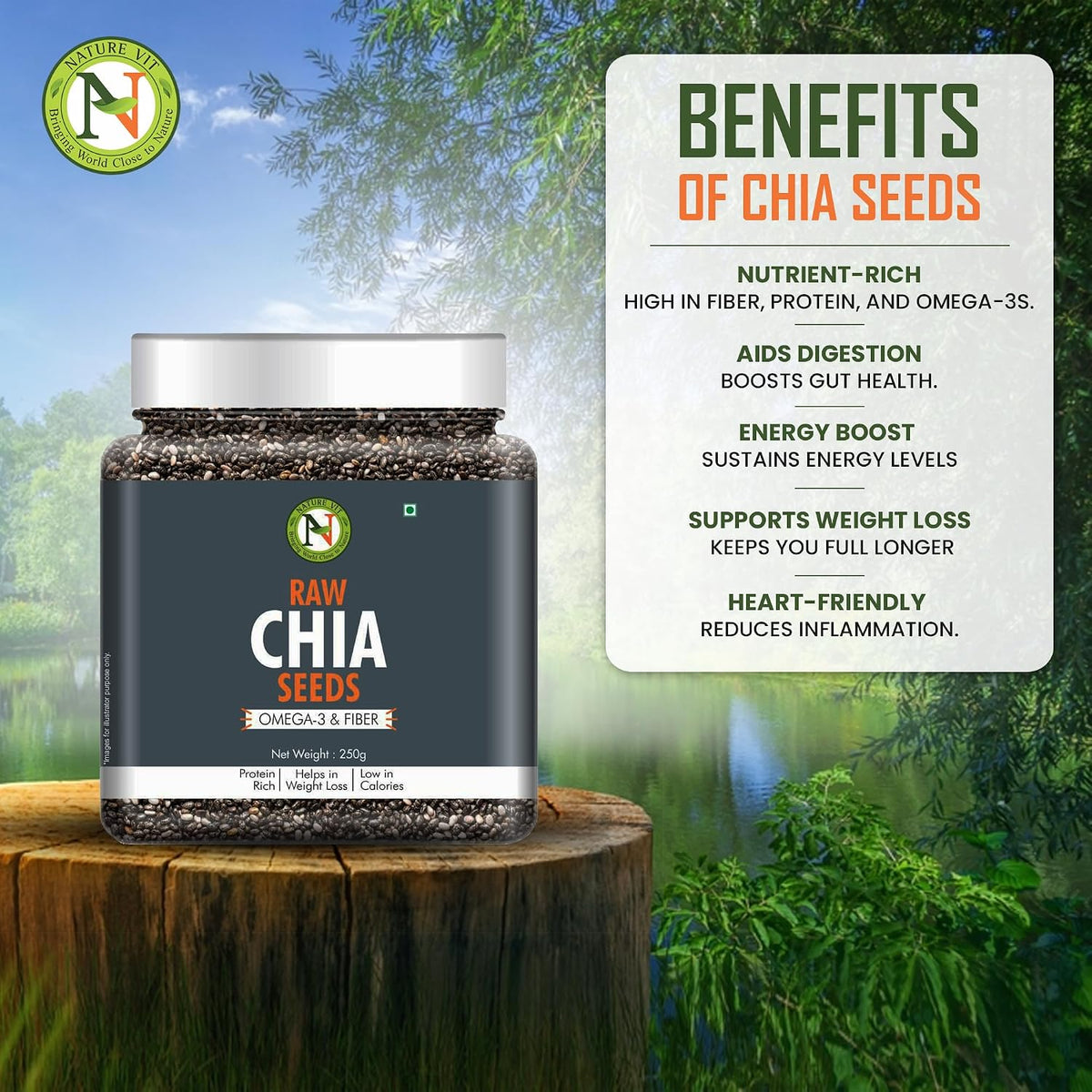NatureVit Raw Chia Seeds 250g | Superfood for Eating | Rich in Omega-3, Fiber & Protein | Ideal for Weight Loss, Digestion & Energy | Gluten-Free & Vegan