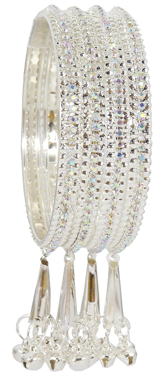 NMII Alloy Metal With Zircon Gemstone and Bells Latkan Linked Traditional Bangles Set For Girls and Women