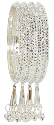 NMII Alloy Metal With Zircon Gemstone and Bells Latkan Linked Traditional Bangles Set For Girls and Women