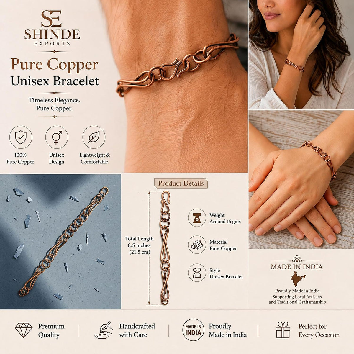 SHINDE EXPORTS Pure Copper Link Chain Bracelet Unisex S Hook 8.5 Inch