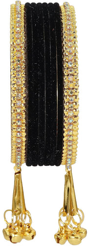 NMII Metal with Zircon Gemstone and Velvet Studded Bells Latkan Bangles Set For Girls and Women I Latkan Bangles, Premium Bangle Bracelet Set I Pack of 16 Bangles
