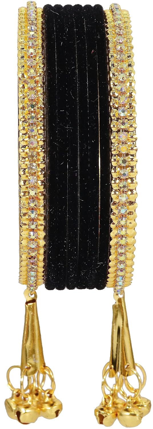 NMII Metal with Zircon Gemstone and Velvet Studded Bells Latkan Bangles Set For Girls and Women I Latkan Bangles, Premium Bangle Bracelet Set I Pack of 16 Bangles
