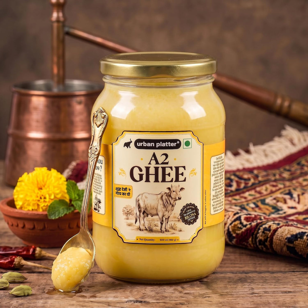 Urban Platter A2 Bilona Cow Ghee, 500ml (Traditional Curd-Churned Desi Ghee | Made from A2 Cow Milk | Pure Ghee for Cooking, Tadka & Daily Meals)
