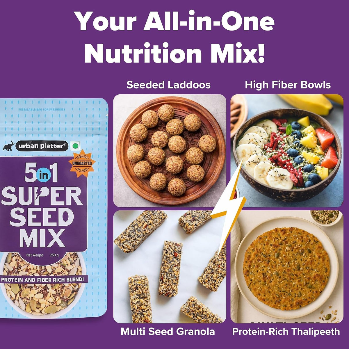 Urban Platter Unroasted 5-in-1 Super Seed Mix, 250g (High Protein & Fiber | Pumpkin, Sunflower, Watermelon, Sesame & Flax Seed Blend | Raw & Ready-to-Eat Superfood Snack)