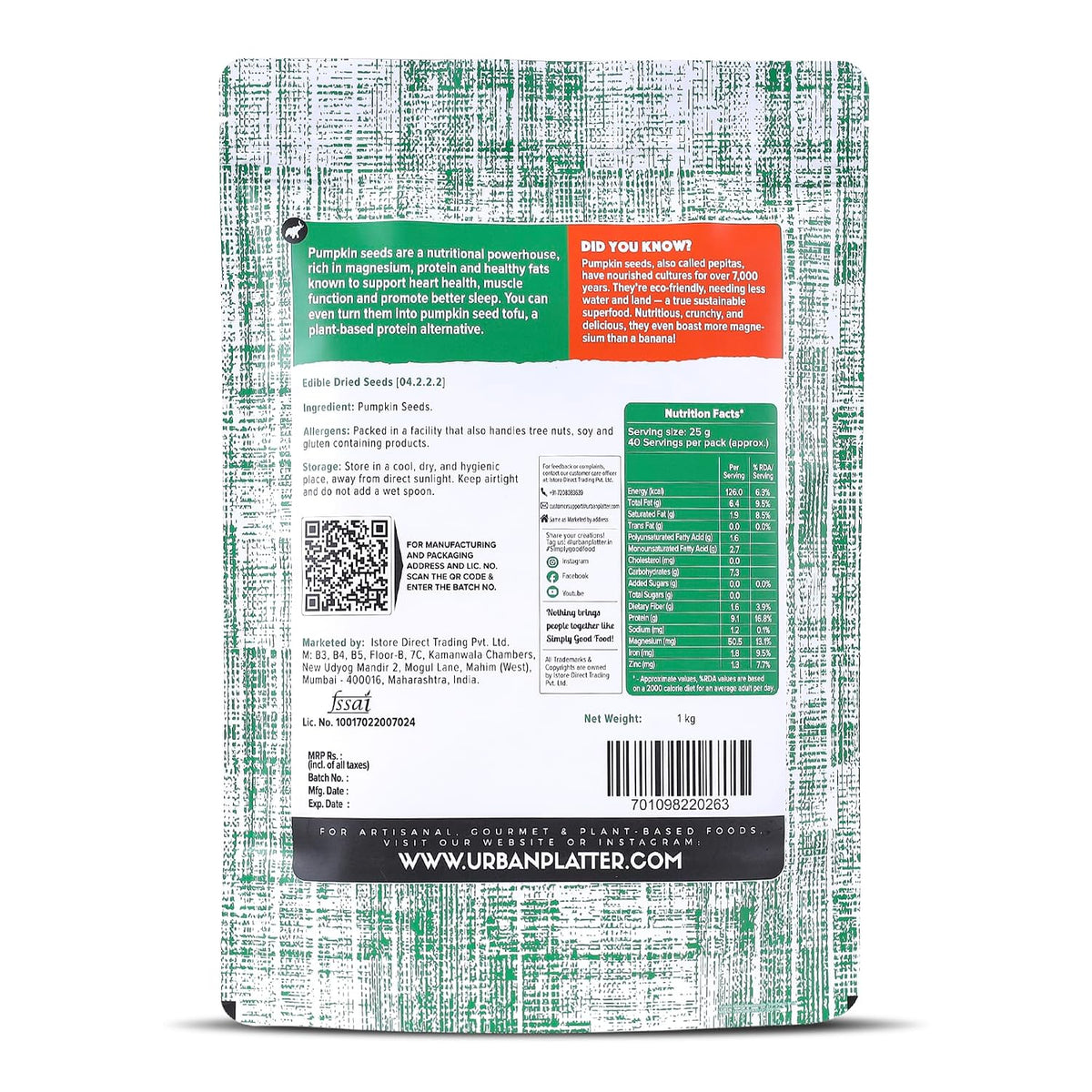 Urban Platter Pumpkin Seeds, 1kg (Pepitas, Naturally Rich in Protein & Healthy Fats, Snack, Sprinkle & Bake)