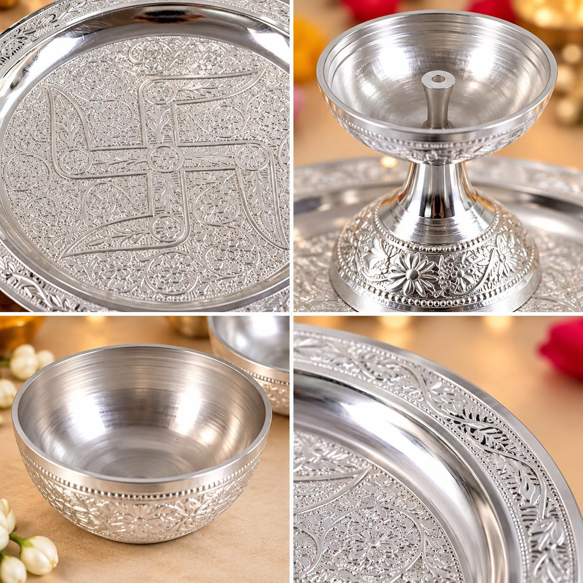 KridayKraft Silver Plated Pooja Thali Set with Swastik Design - Includes Diya and 2 Bowls for Puja, Diwali, and Gifting (19 cm Plate, 110g)