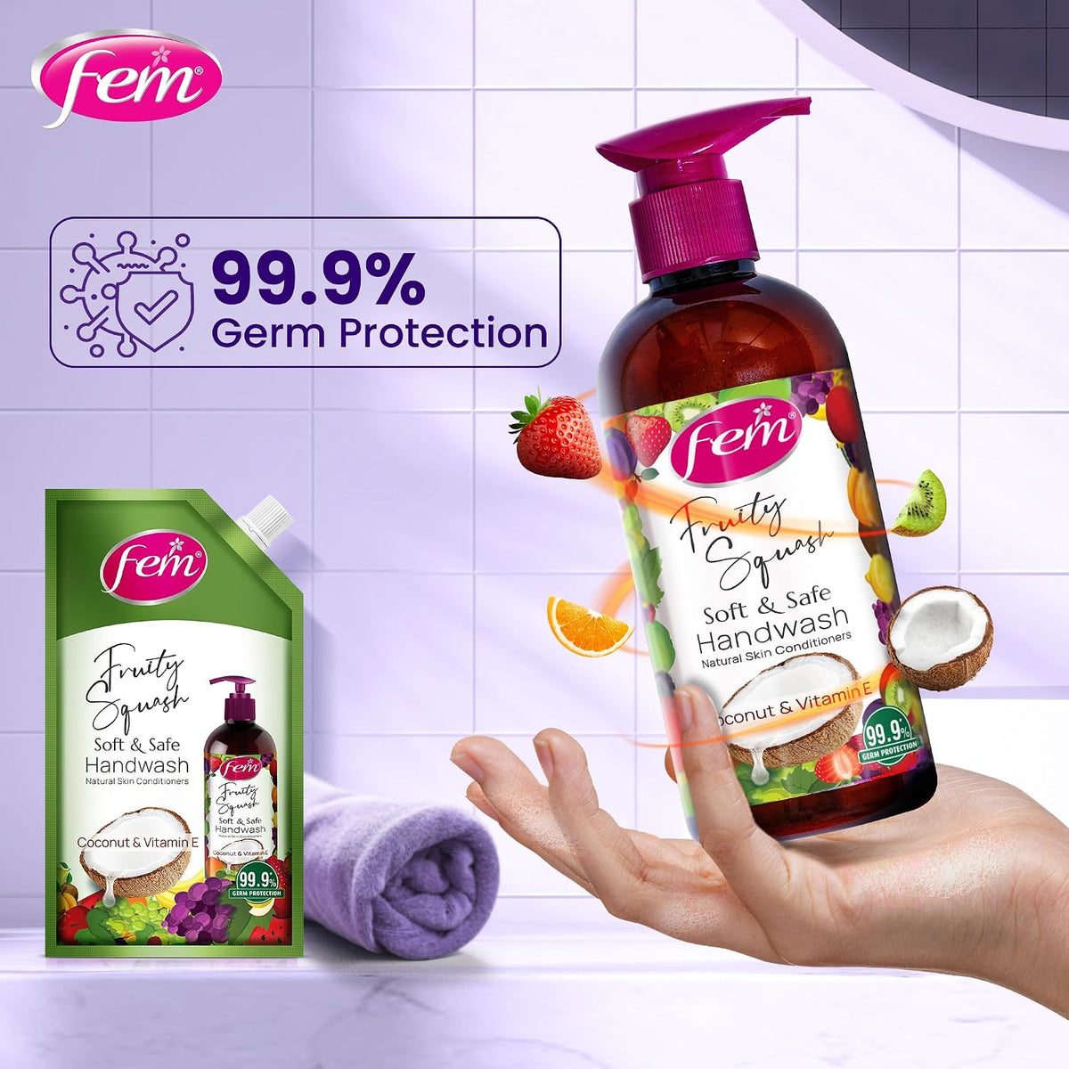 DABUR Fem Fruity Squash Soft & Safe Handwash - 1500Ml | Germ Protection | Enriched With Goodness Of Coconut Milk & Vitamin E | Long Lasting Fragrance
