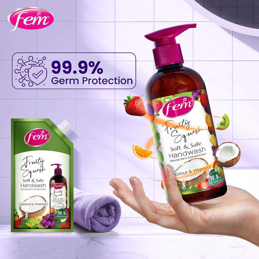 DABUR Fem Fruity Squash Soft & Safe Handwash - 1500Ml | Germ Protection | Enriched With Goodness Of Coconut Milk & Vitamin E | Long Lasting Fragrance