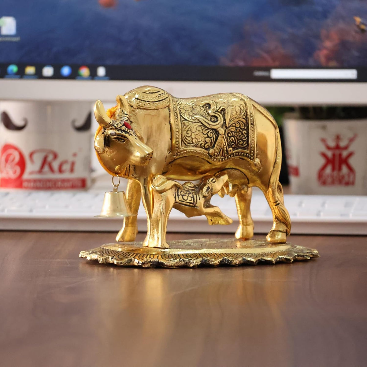 KridayKraft Metal Om Kamdhenu Cow and Calf Metal Statue for Good Luck,Feng Shui As Table Top Figurine,Vastu,Religious Gau MATA Idol Home,Office&Table Decorative,Animal