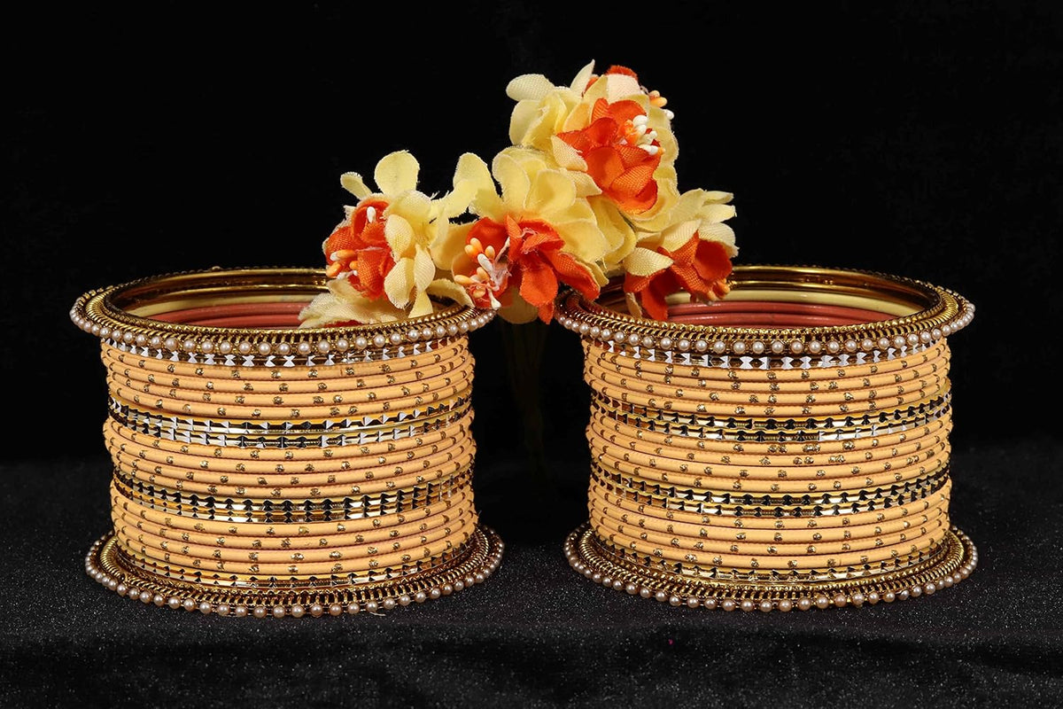 NMII Non-Precious Metal with Base Metal Zari Dotted and Pearls Studded Glossy Finished Traditional Bangle set for Women and Girls