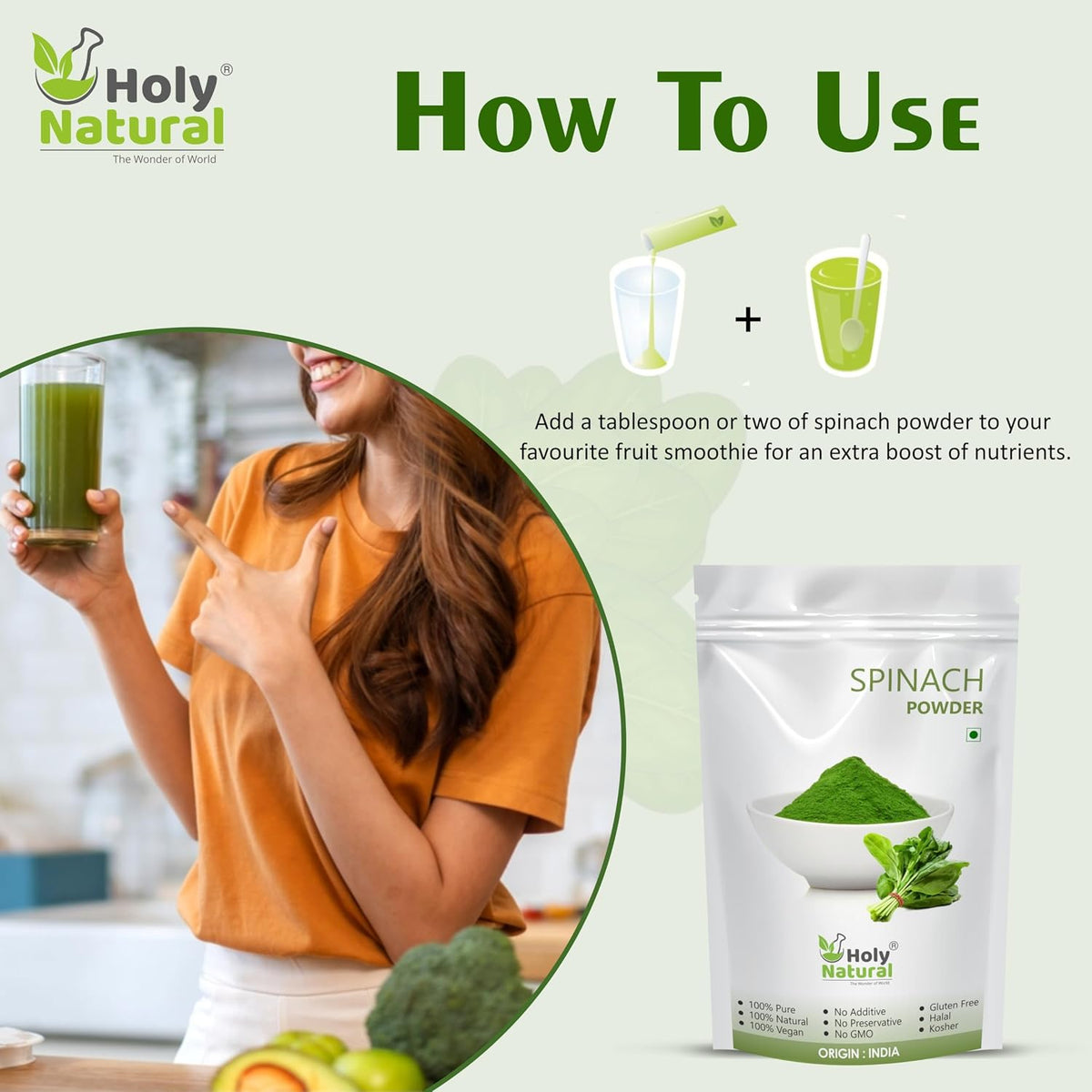 Holy Natural Spinach Powder 100g | Nutrient-Rich Palak Leaf Powder | for Smoothies, Soups, Salad Dressings & Healthy Recipes | No Additives or Preservatives