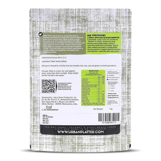 Urban Platter Sabja Seeds, 1kg (Basil Seeds for Weight Management, Digestion & Hydration, Rich in Fiber & Omega-3, Falooda, Detox Drinks & Smoothies)