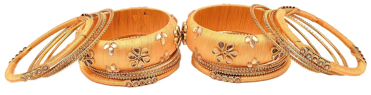 NMII Metal Base Metal with Silk thread worked and Zircon Gemstone Or Flower Shaped with Ball Chain Linked Glossy Finished Bangle Set For Women and Girls, (Golden_2.6 Inches), Pack Of 18 Bangle Set