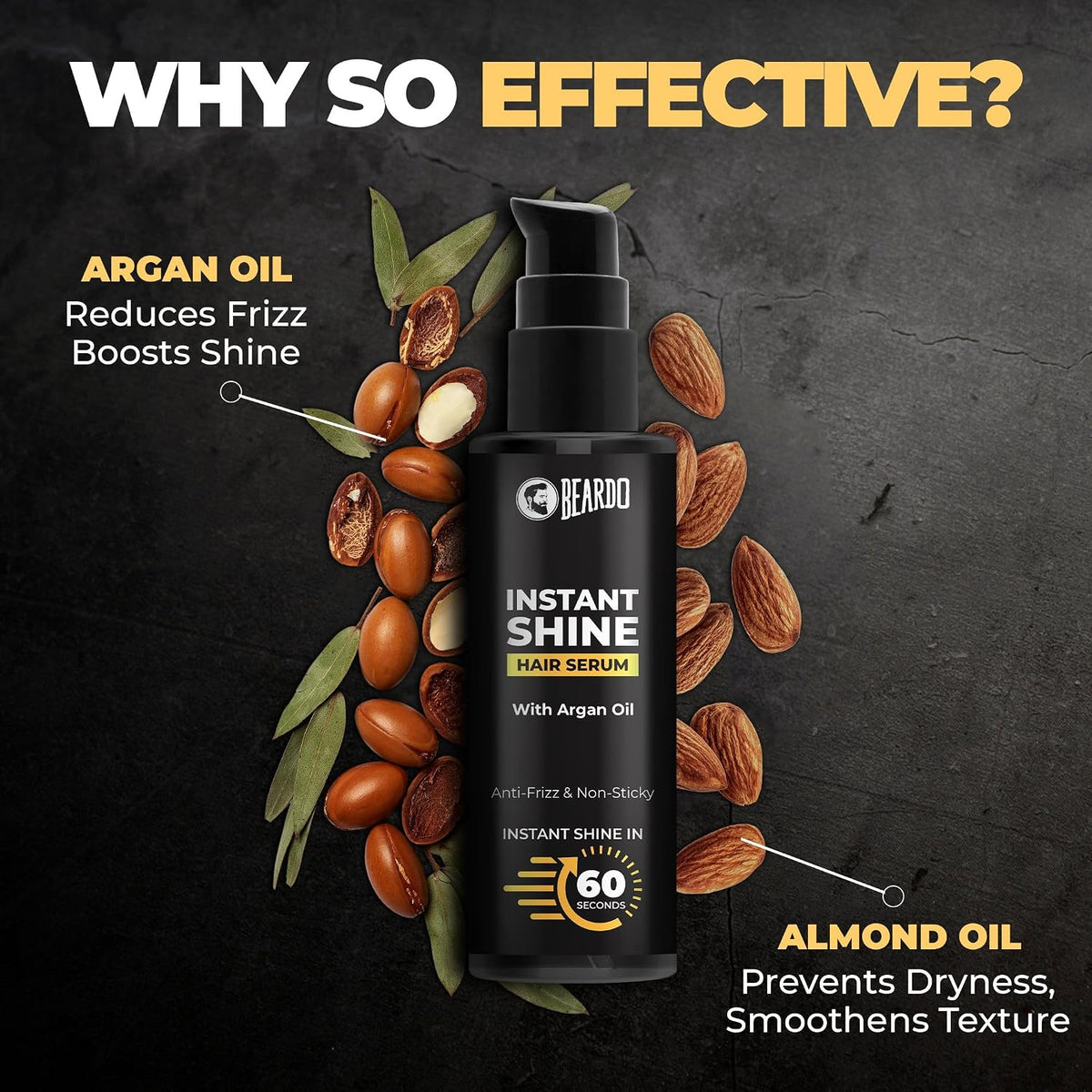 Beardo Instant Shine Hair Serum for Men – 50ml | Instant Shine & Anti-frizz with Argan Oil, Made for Men's Hair, Super Light-weight | Provides shine, smoothness and damage protection | Frizz-Free Hair Serum for Men