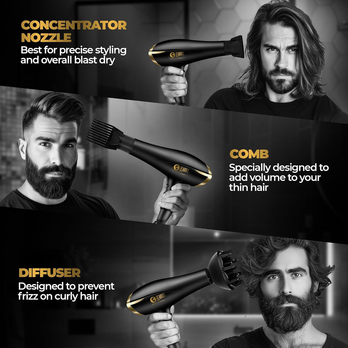 BEARDO Studio Professional Tornado Hair Dryer With 2000 Watts Power|Ac Motor, Concentrator, Diffuser, 2 Speeds, 3 Temperature Settings & Cool Shot Feature|For Professional Drying Experience|Black