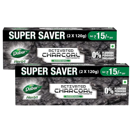 DABUR Herb'L Activated Charcoal Toothpaste 480G (120G x4, Pack of 4)|Whitening Black Gel Toothpaste|Fluoride Free|Fights Plaque & Extrinsic Stains|With Power of Mint|Cool & Refreshing Mouth Experience