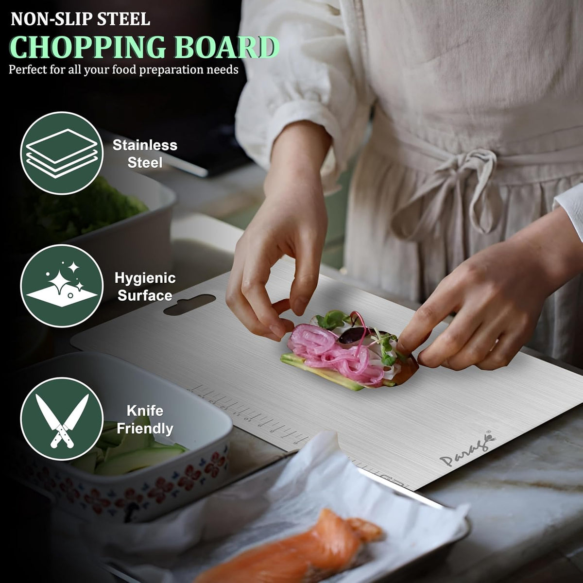 Parage Stainless Steel Medium Chopping Board 31 x 21 CM | Non Porous Kitchen Cutting Board for Home Use for Meat Fish Vegetables Fruits Bread | Anti Bacterial Odor Resistant Rust Free Heavy Duty