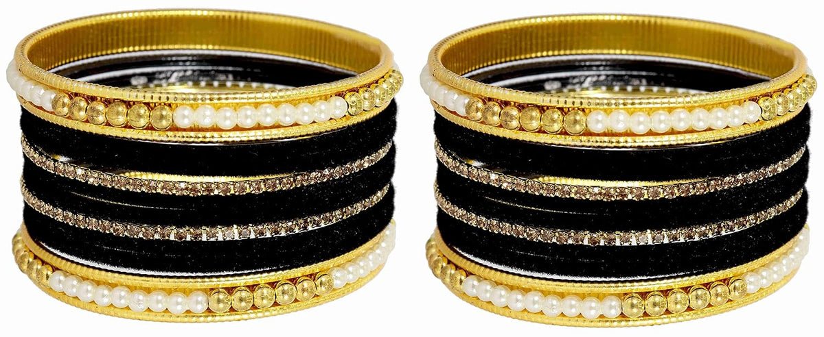 NMII Metal with Zircon Gemstone and Pearls Studded Velvet Bangle Set for Women and Girls