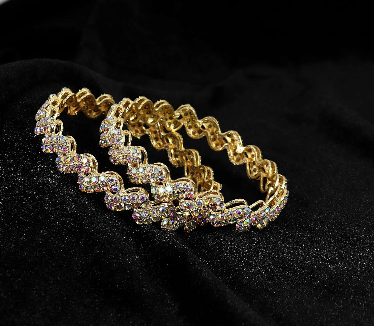 NMII Trendy Stylish Alloy Metal with American Diamond Studded Bangles Set For Women & Girls | Zig Zag Design Kada Set | Women's Bangles Bracelet | Trendy Bangles Party, Wedding- Set of 2