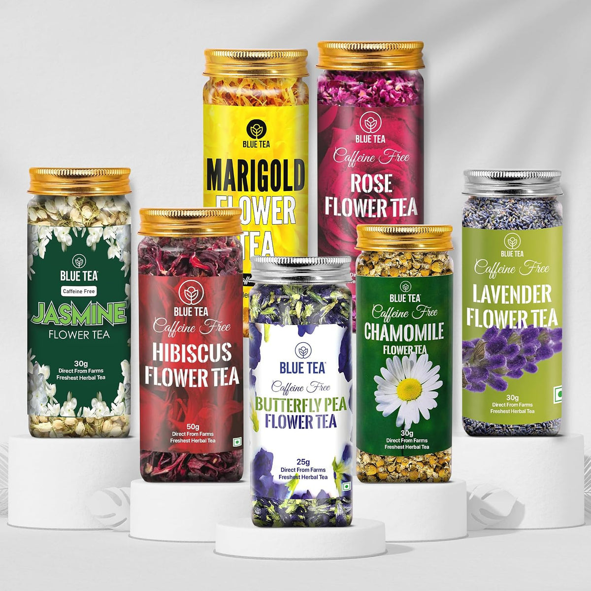 BLUE TEA - Butterfly Pea Flower, Rose, Marigold (25g each), Hibiscus (50g), Chamomile, Lavender, Jasmine (30g each) | 215g | Flower Based | Variety Pack | Herbal Tea Gift