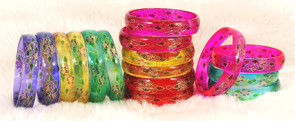 NMII Multi Colour Glass with Flower Print Kada Bangles Combo Set For Women and Girls | Fancy Glass Bangles Bracelet | Stylish Women's Kangan | Plain Simple Kada- Set of 16