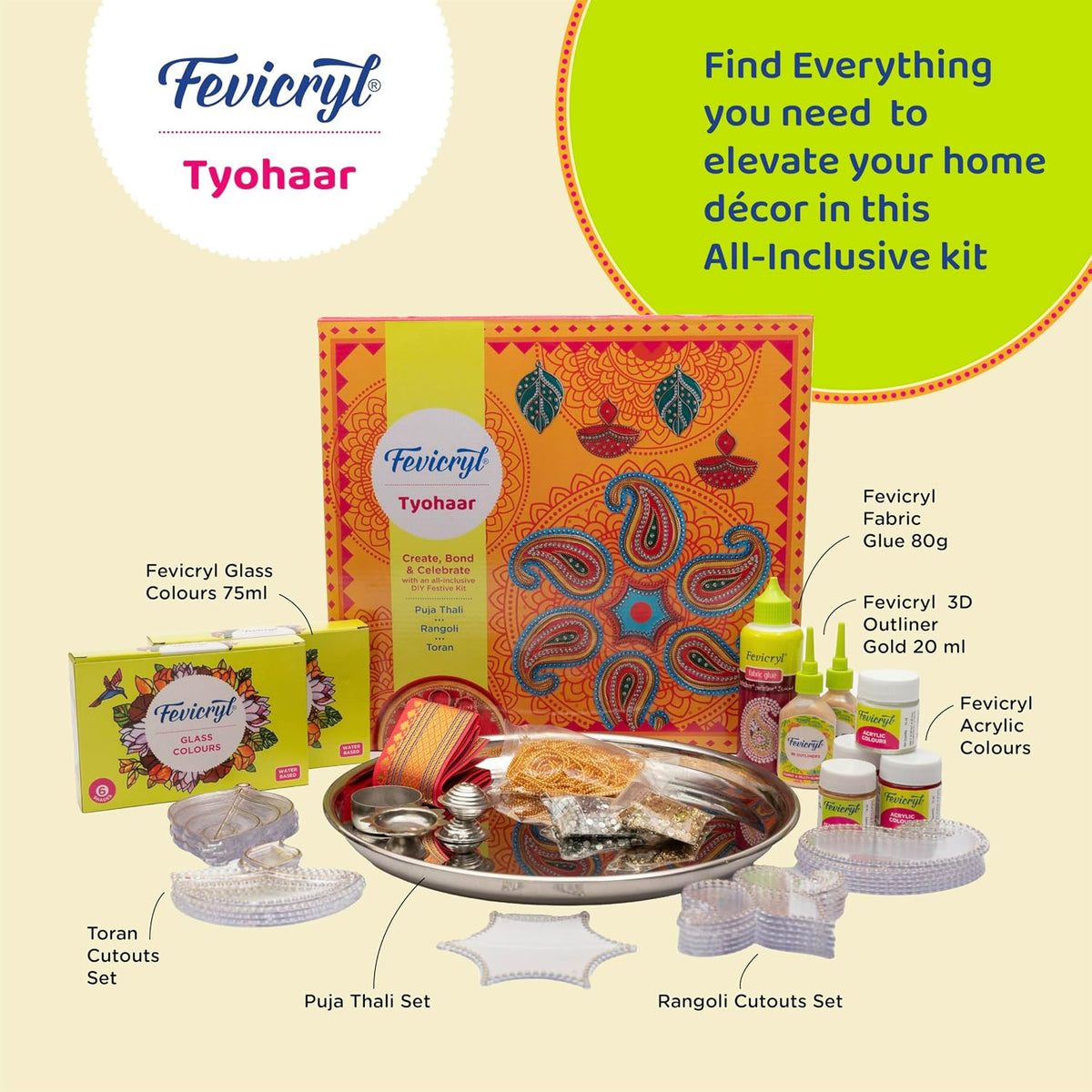 Fevicryl Tyohaar- DIY Festive Decor Kit: Create Vibrant Acrylic Rangoli, Exquisite Toran, and Elegant Pooja Thali; Unleash Your Artistic Flair and Elevate Your Celebrations