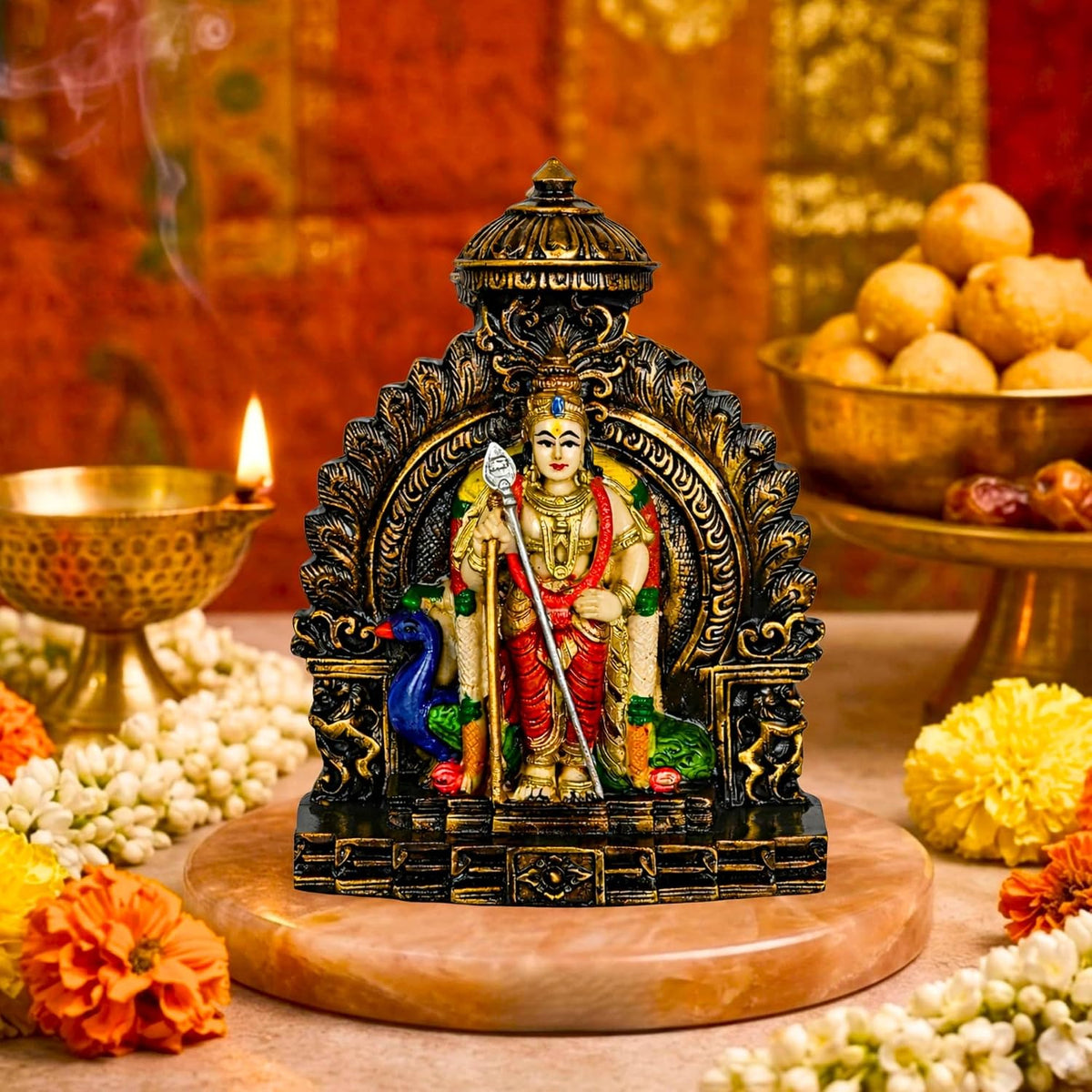 YaaNatural Yaa Catchy Lord Murugan Idol with Peacock & Vel Design Polyresin Statue hand painted Pooja Room, Home Décor & Office Table Spiritual Showpiece | Housewarming & Festival Gift (Arch Colour Murugan)