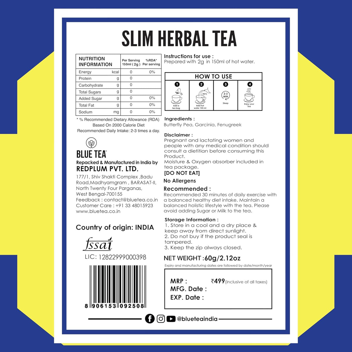 BLUE TEA - Combo Pack - Belly Fat & Slimming & Liver Cleanse Tea - 30 Tea Bags (Each Pack) - Zipper Pack